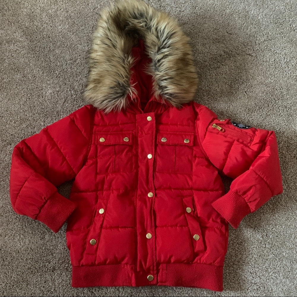 Stevies Girls Parka Winter Jacket Faux Fur Hooded Coat Zip Waist Length Med